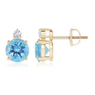 6mm A Basket-Set Round Swiss Blue Topaz Stud Earrings with Diamond in Yellow Gold