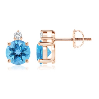 6mm AA Basket-Set Round Swiss Blue Topaz Stud Earrings with Diamond in Rose Gold