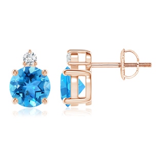 6mm AAA Basket-Set Round Swiss Blue Topaz Stud Earrings with Diamond in Rose Gold