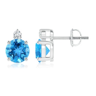 6mm AAA Basket-Set Round Swiss Blue Topaz Stud Earrings with Diamond in White Gold