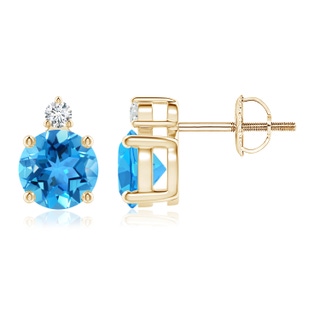 6mm AAA Basket-Set Round Swiss Blue Topaz Stud Earrings with Diamond in Yellow Gold