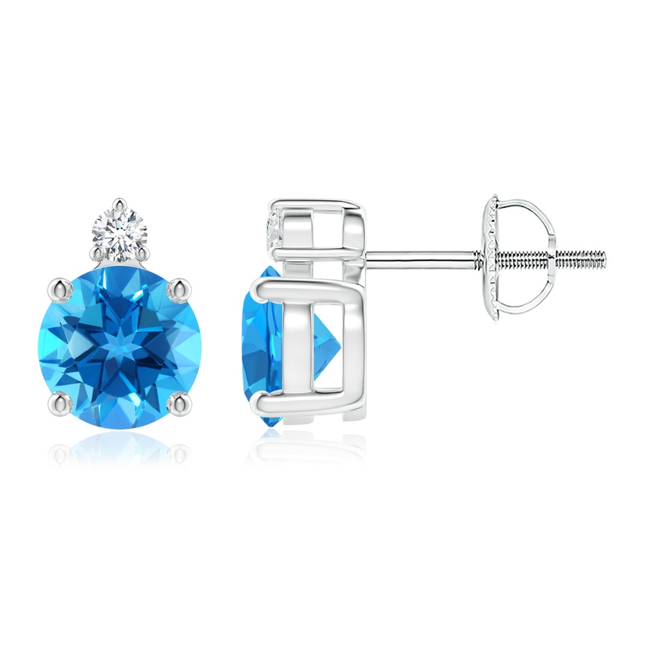 6mm AAAA Basket-Set Round Swiss Blue Topaz Stud Earrings with Diamond in 18K White Gold 