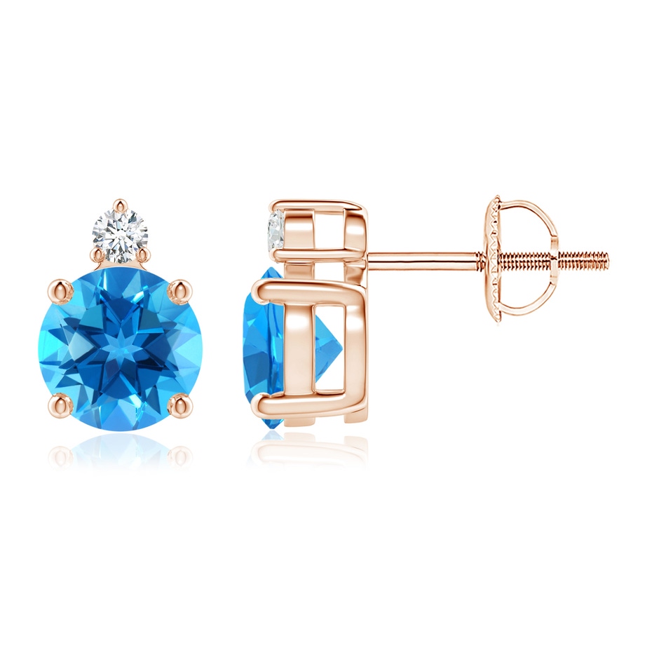 6mm AAAA Basket-Set Round Swiss Blue Topaz Stud Earrings with Diamond in Rose Gold 