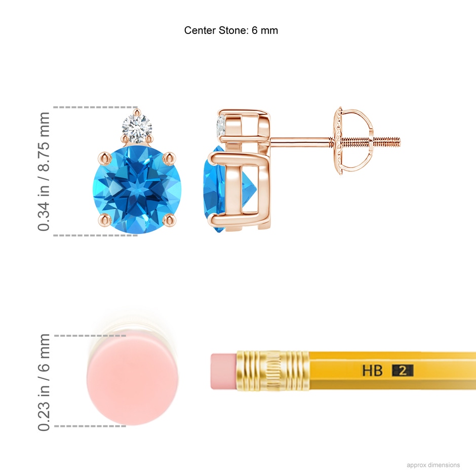 6mm AAAA Basket-Set Round Swiss Blue Topaz Stud Earrings with Diamond in Rose Gold ruler