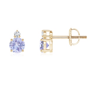 4mm A Basket-Set Round Tanzanite Stud Earrings with Diamond in Yellow Gold