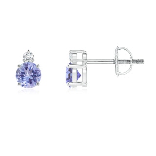 4mm AA Basket-Set Round Tanzanite Stud Earrings with Diamond in P950 Platinum