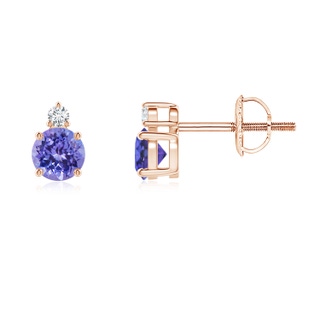 4mm AAA Basket-Set Round Tanzanite Stud Earrings with Diamond in Rose Gold