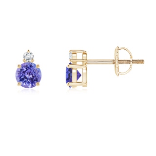 4mm AAA Basket-Set Round Tanzanite Stud Earrings with Diamond in Yellow Gold