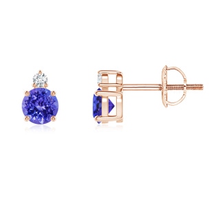 4mm AAAA Basket-Set Round Tanzanite Stud Earrings with Diamond in 9K Rose Gold