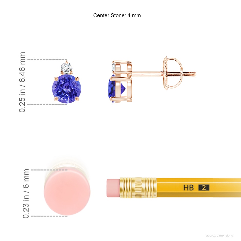 4mm AAAA Basket-Set Round Tanzanite Stud Earrings with Diamond in 9K Rose Gold ruler