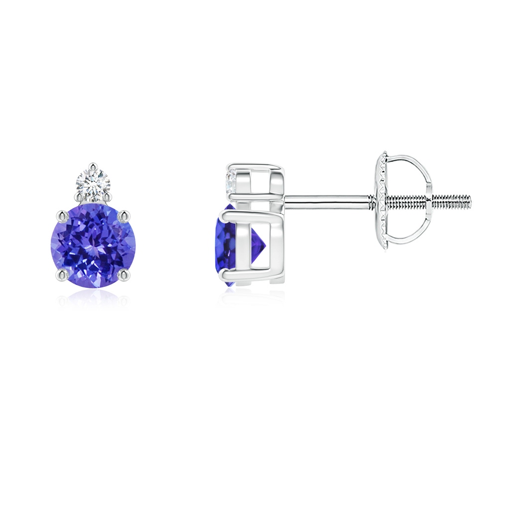 4mm AAAA Basket-Set Round Tanzanite Stud Earrings with Diamond in P950 Platinum