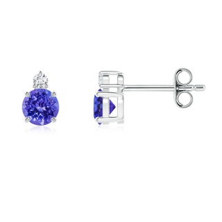 4mm AAAA Basket-Set Round Tanzanite Stud Earrings with Diamond in S999 Silver