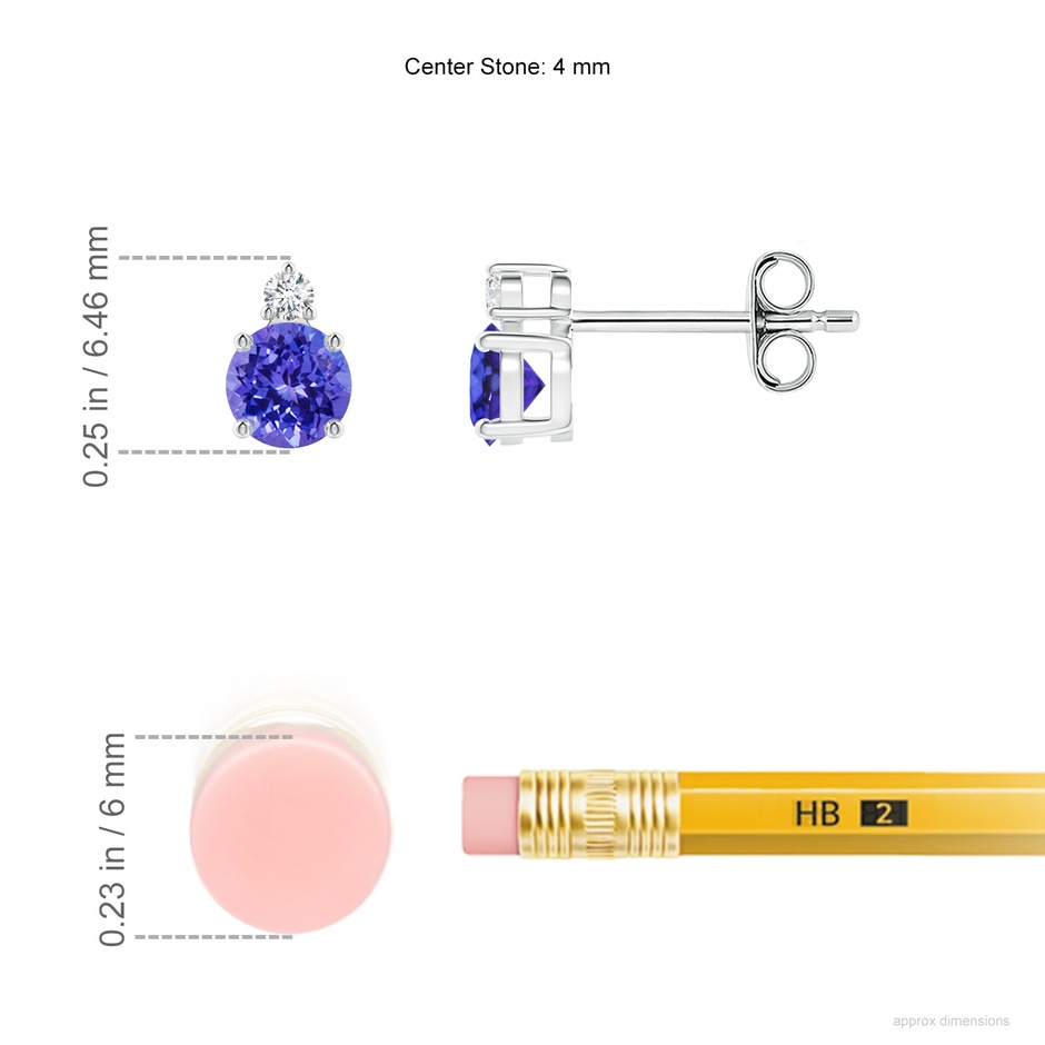 4mm AAAA Basket-Set Round Tanzanite Stud Earrings with Diamond in S999 Silver ruler