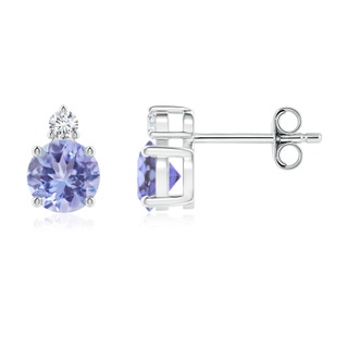 5mm AA Basket-Set Round Tanzanite Stud Earrings with Diamond in S999 Silver