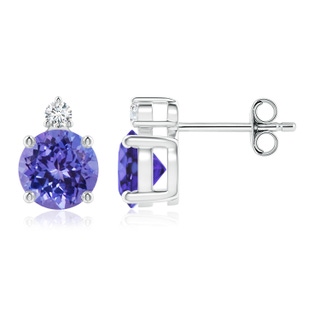 6mm AA Basket-Set Round Tanzanite Stud Earrings with Diamond in S999 Silver