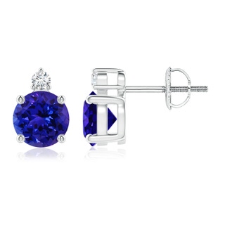 6mm AAAA Basket-Set Round Tanzanite Stud Earrings with Diamond in P950 Platinum