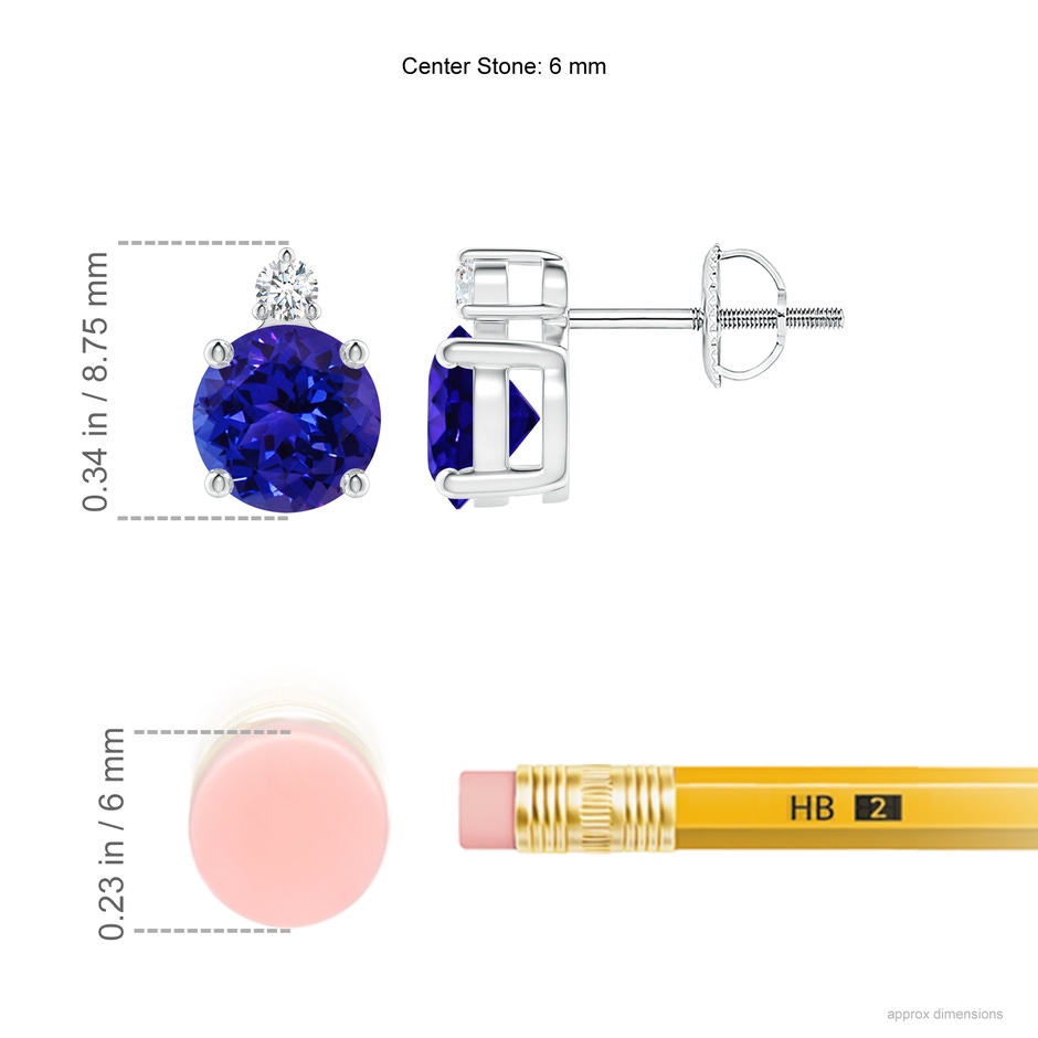 6mm AAAA Basket-Set Round Tanzanite Stud Earrings with Diamond in P950 Platinum ruler