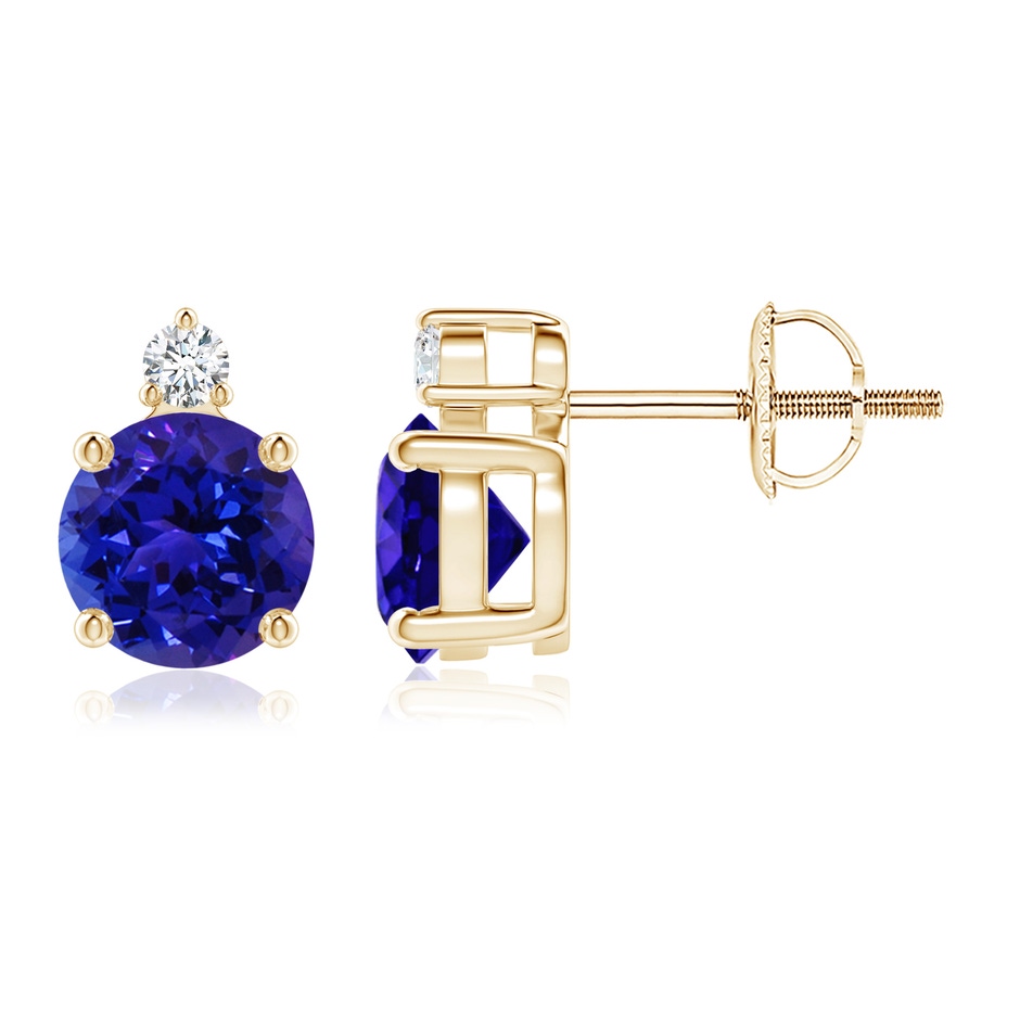 6mm AAAA Basket-Set Round Tanzanite Stud Earrings with Diamond in Yellow Gold 