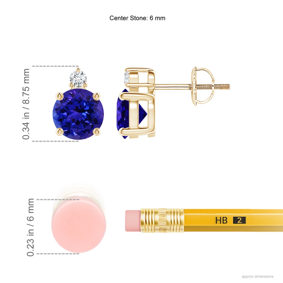6mm AAAA Basket-Set Round Tanzanite Stud Earrings with Diamond in Yellow Gold ruler