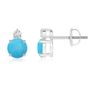 5mm A Basket-Set Round Turquoise Stud Earrings with Diamond in White Gold
