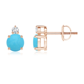 5mm AA Basket-Set Round Turquoise Stud Earrings with Diamond in Rose Gold