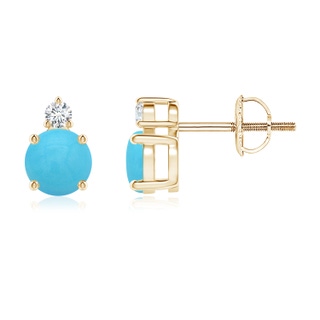 5mm AA Basket-Set Round Turquoise Stud Earrings with Diamond in Yellow Gold