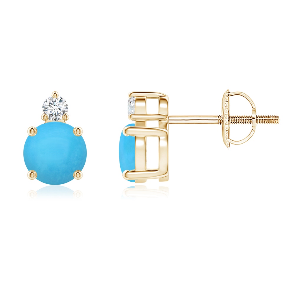 5mm AAA Basket-Set Round Turquoise Stud Earrings with Diamond in 18K Yellow Gold