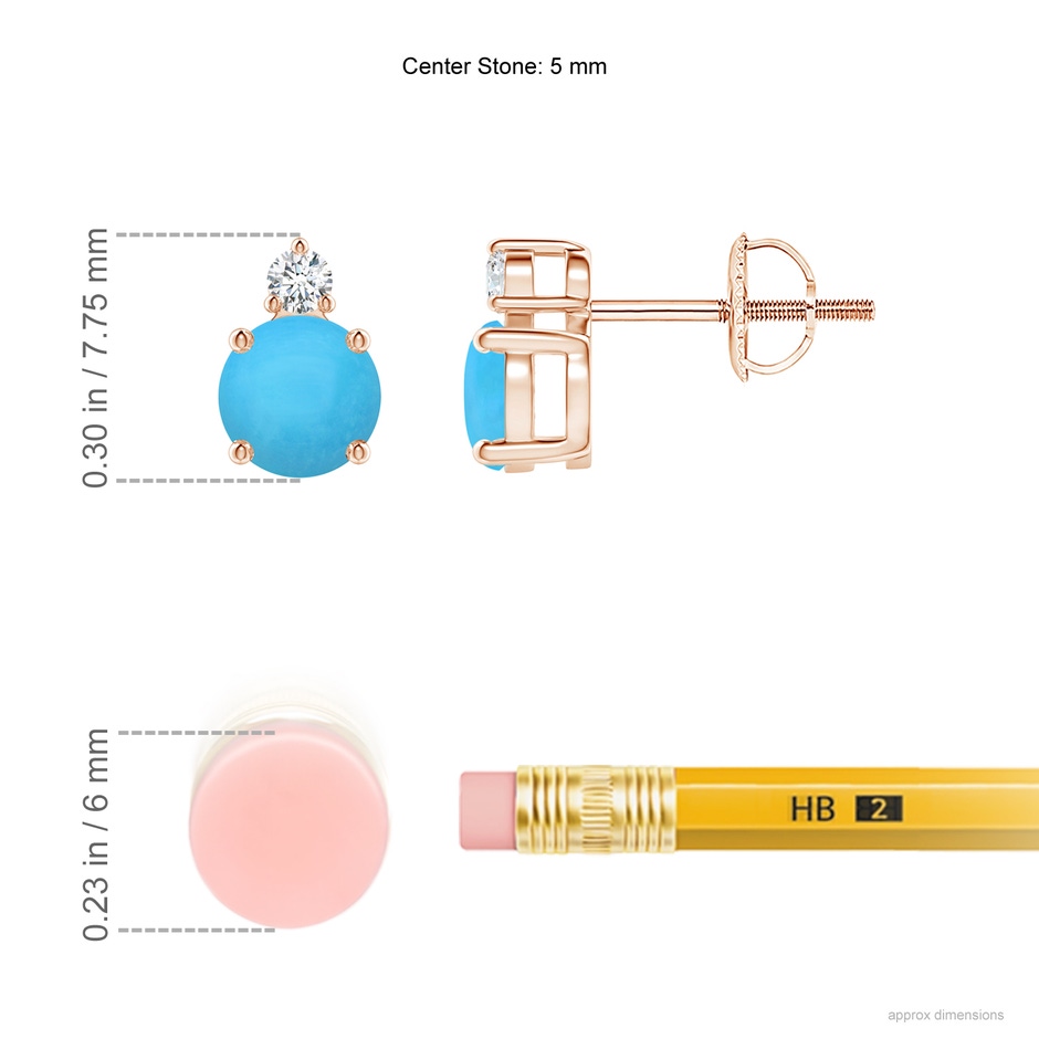5mm AAA Basket-Set Round Turquoise Stud Earrings with Diamond in Rose Gold ruler