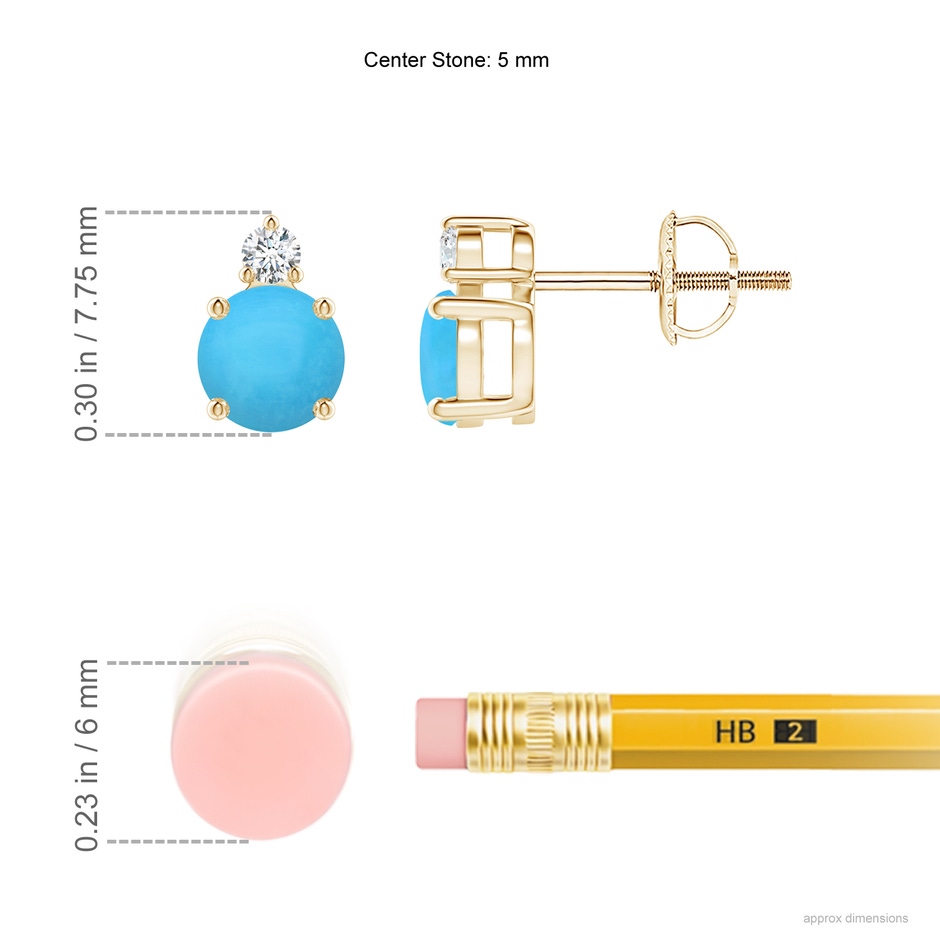 5mm AAA Basket-Set Round Turquoise Stud Earrings with Diamond in Yellow Gold ruler