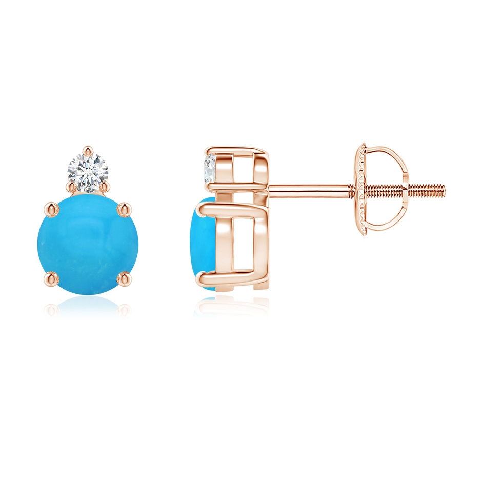 5mm AAAA Basket-Set Round Turquoise Stud Earrings with Diamond in Rose Gold 