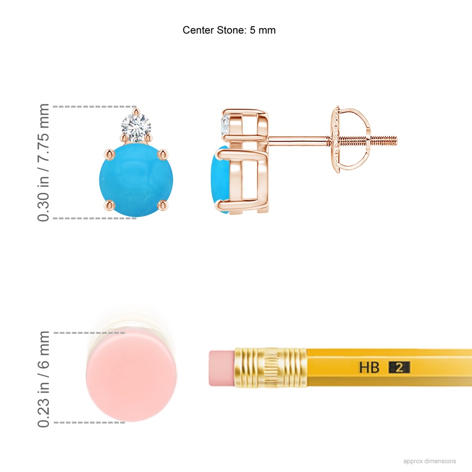 5mm AAAA Basket-Set Round Turquoise Stud Earrings with Diamond in Rose Gold ruler