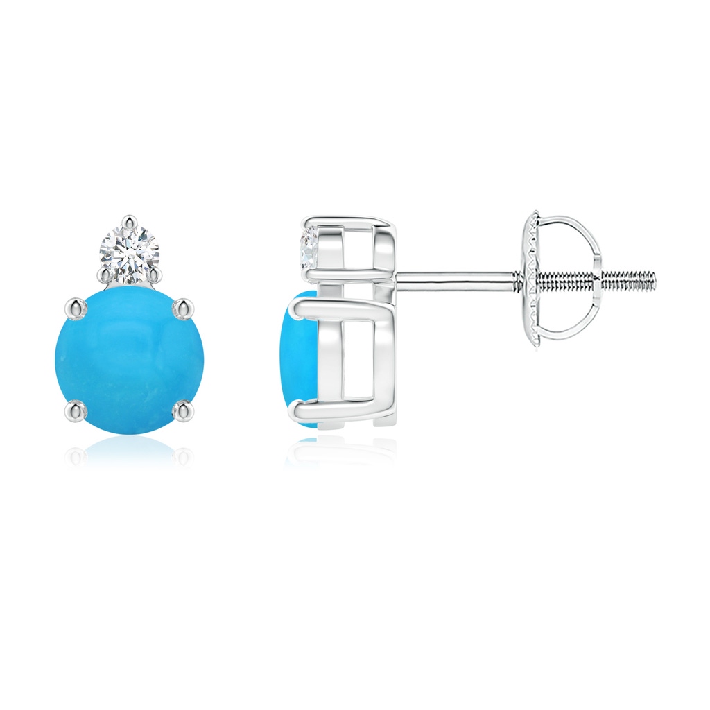 5mm AAAA Basket-Set Round Turquoise Stud Earrings with Diamond in White Gold
