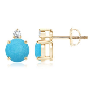 6mm A Basket-Set Round Turquoise Stud Earrings with Diamond in Yellow Gold