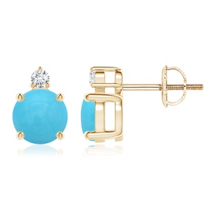 6mm AA Basket-Set Round Turquoise Stud Earrings with Diamond in Yellow Gold