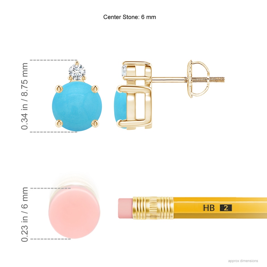 6mm AA Basket-Set Round Turquoise Stud Earrings with Diamond in Yellow Gold ruler