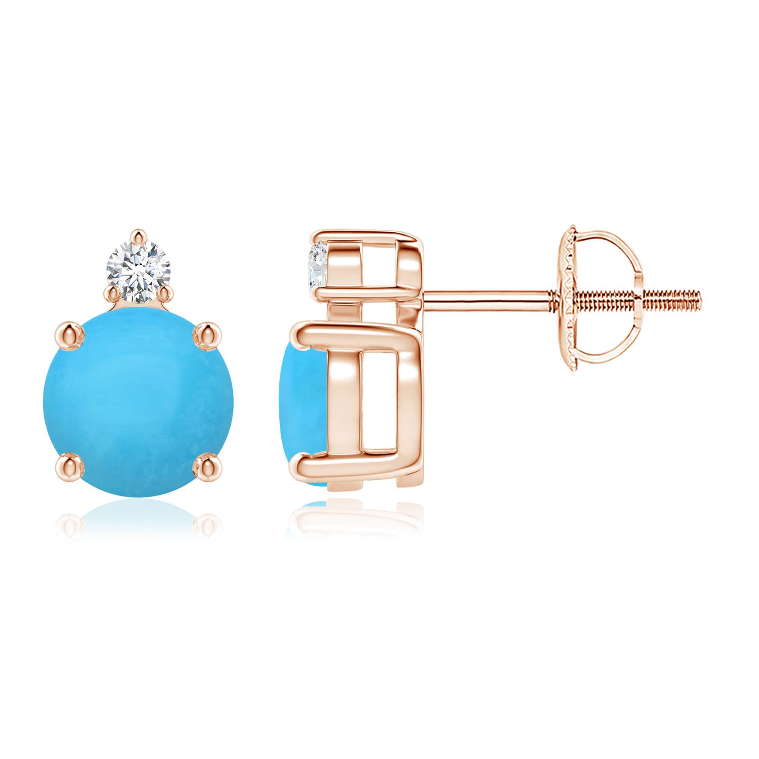 6mm AAA Basket-Set Round Turquoise Stud Earrings with Diamond in 18CT Rose Gold