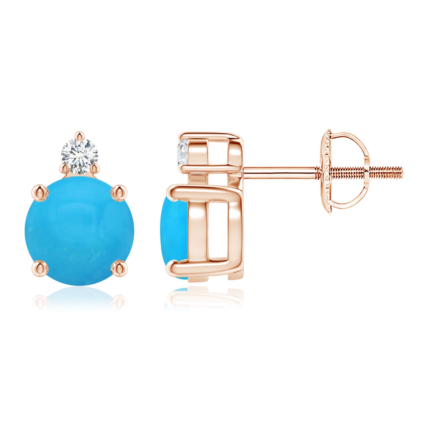 6mm AAAA Basket-Set Round Turquoise Stud Earrings with Diamond in Rose Gold