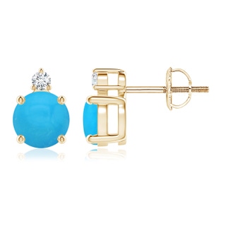 6mm AAAA Basket-Set Round Turquoise Stud Earrings with Diamond in Yellow Gold