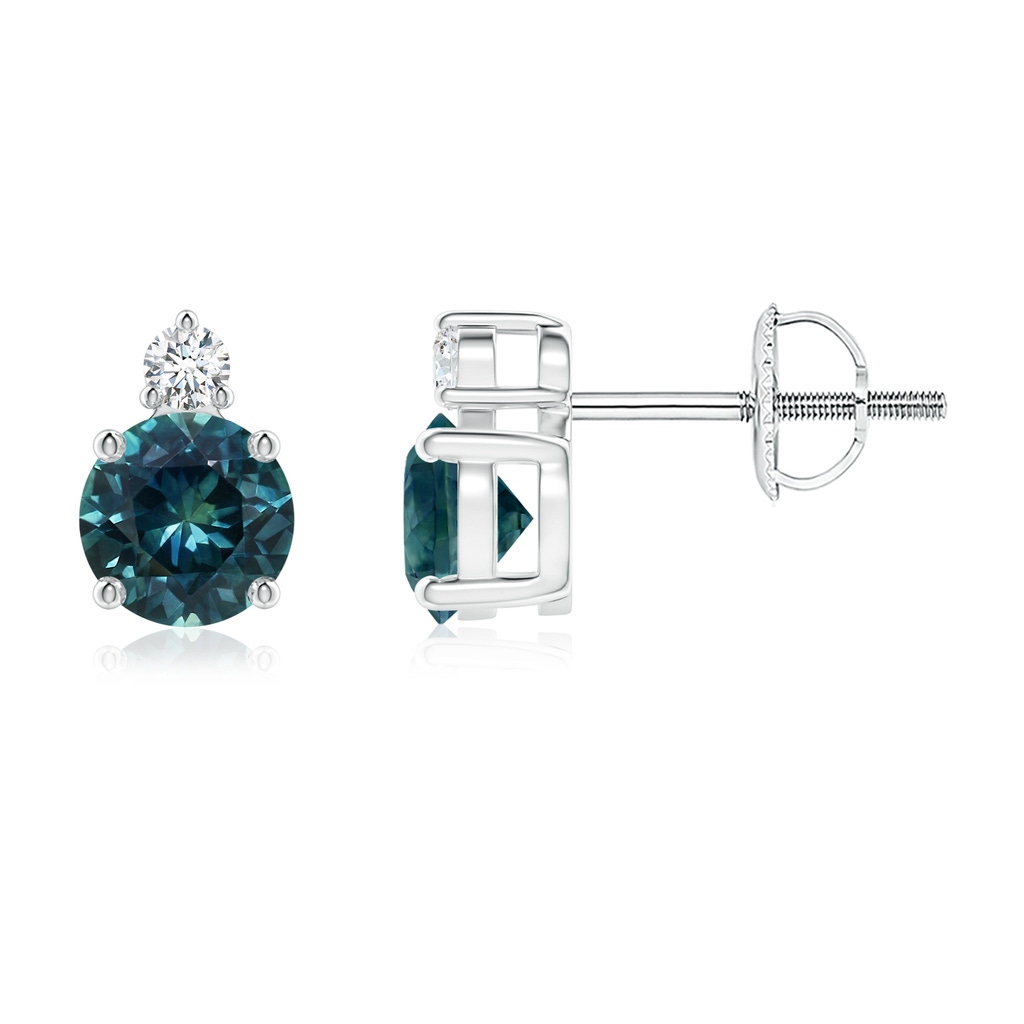 5mm AAA Basket-Set Round Teal Montana Sapphire Stud Earrings with Diamond in P950 Platinum