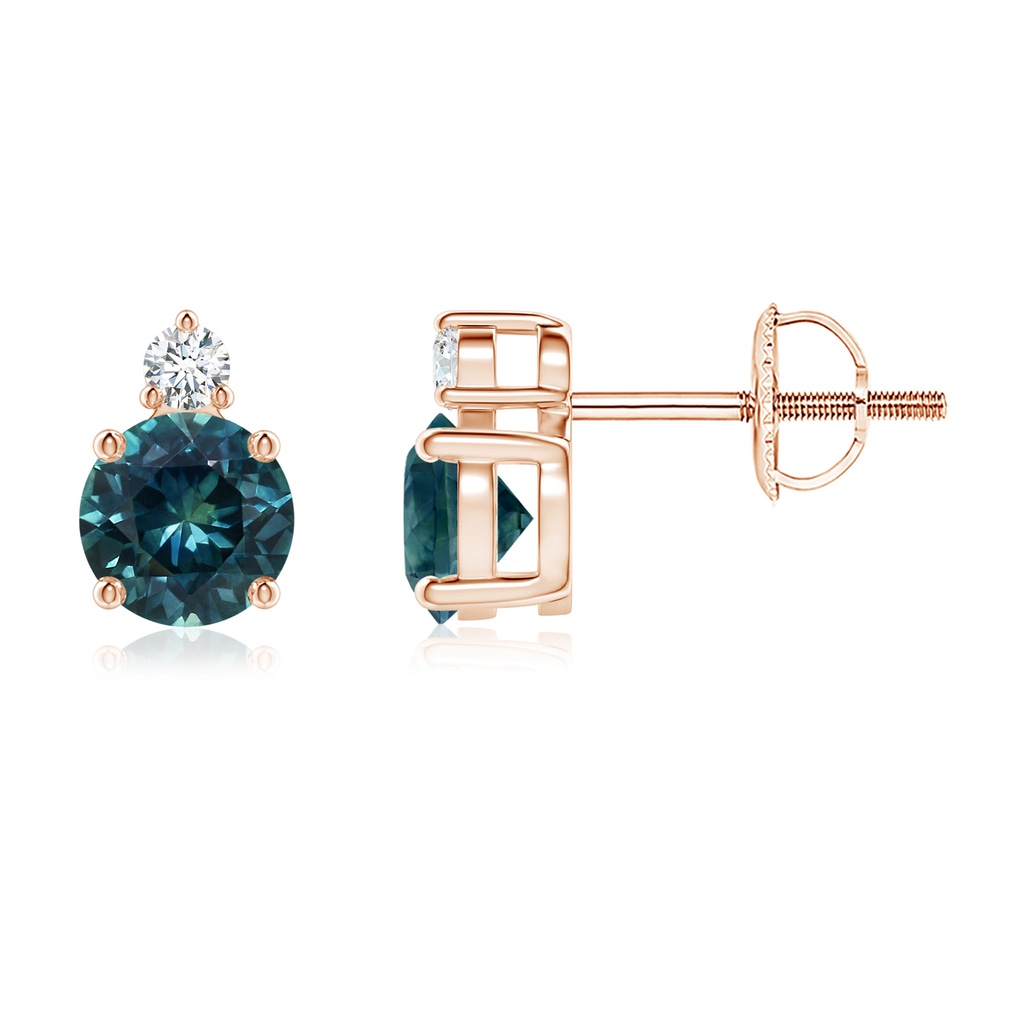 5mm AAA Basket-Set Round Teal Montana Sapphire Stud Earrings with Diamond in Rose Gold