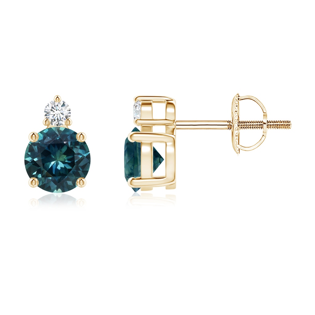 5mm AAA Basket-Set Round Teal Montana Sapphire Stud Earrings with Diamond in Yellow Gold