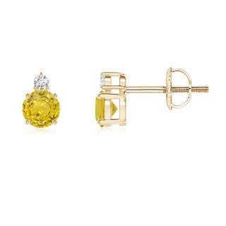 4mm AAA Basket-Set Round Yellow Sapphire Stud Earrings with Diamond in Yellow Gold