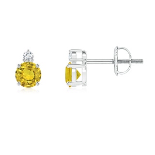 4mm AAAA Basket-Set Round Yellow Sapphire Stud Earrings with Diamond in P950 Platinum