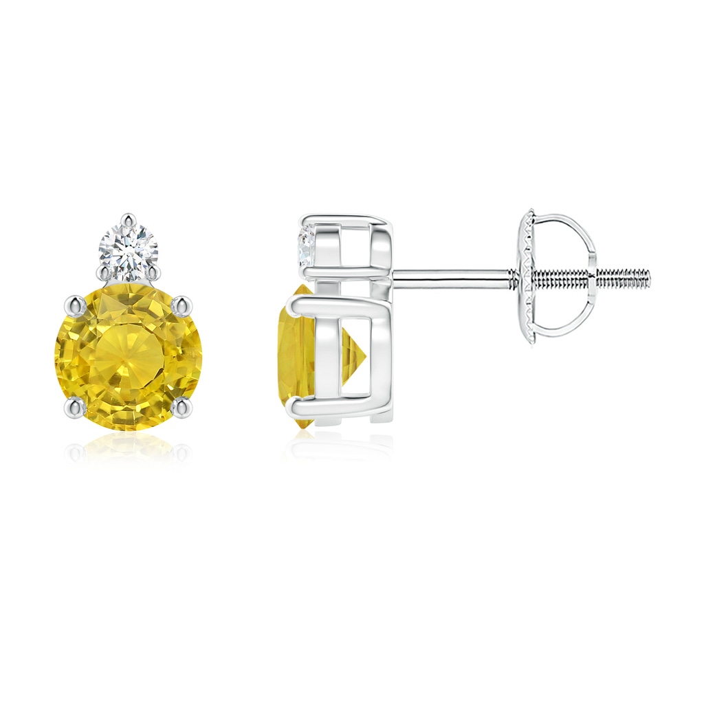 5mm AAA Basket-Set Round Yellow Sapphire Stud Earrings with Diamond in White Gold
