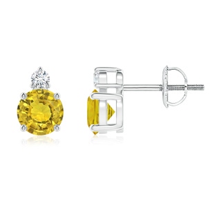 5mm AAAA Basket-Set Round Yellow Sapphire Stud Earrings with Diamond in P950 Platinum