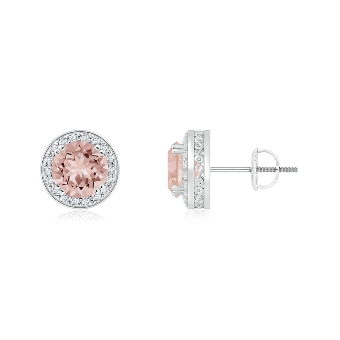 5mm AAAA Round Morganite Stud Earrings with Diamond Halo in P950 Platinum