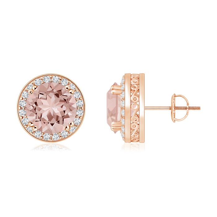 7mm AAAA Round Morganite Stud Earrings with Diamond Halo in Rose Gold