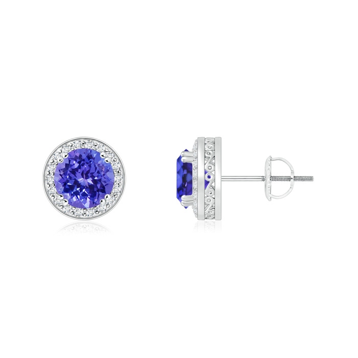 5mm AAAA Round Tanzanite Stud Earrings with Diamond Halo in P950 Platinum