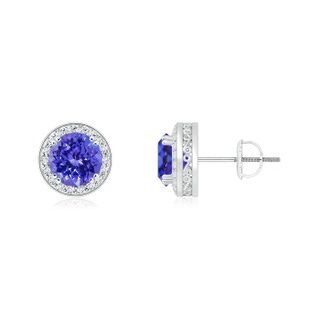 5mm AAAA Round Tanzanite Stud Earrings with Diamond Halo in White Gold