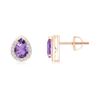 6x4mm A Pear-Shaped Amethyst Stud Earrings with Diamond Halo in Rose Gold